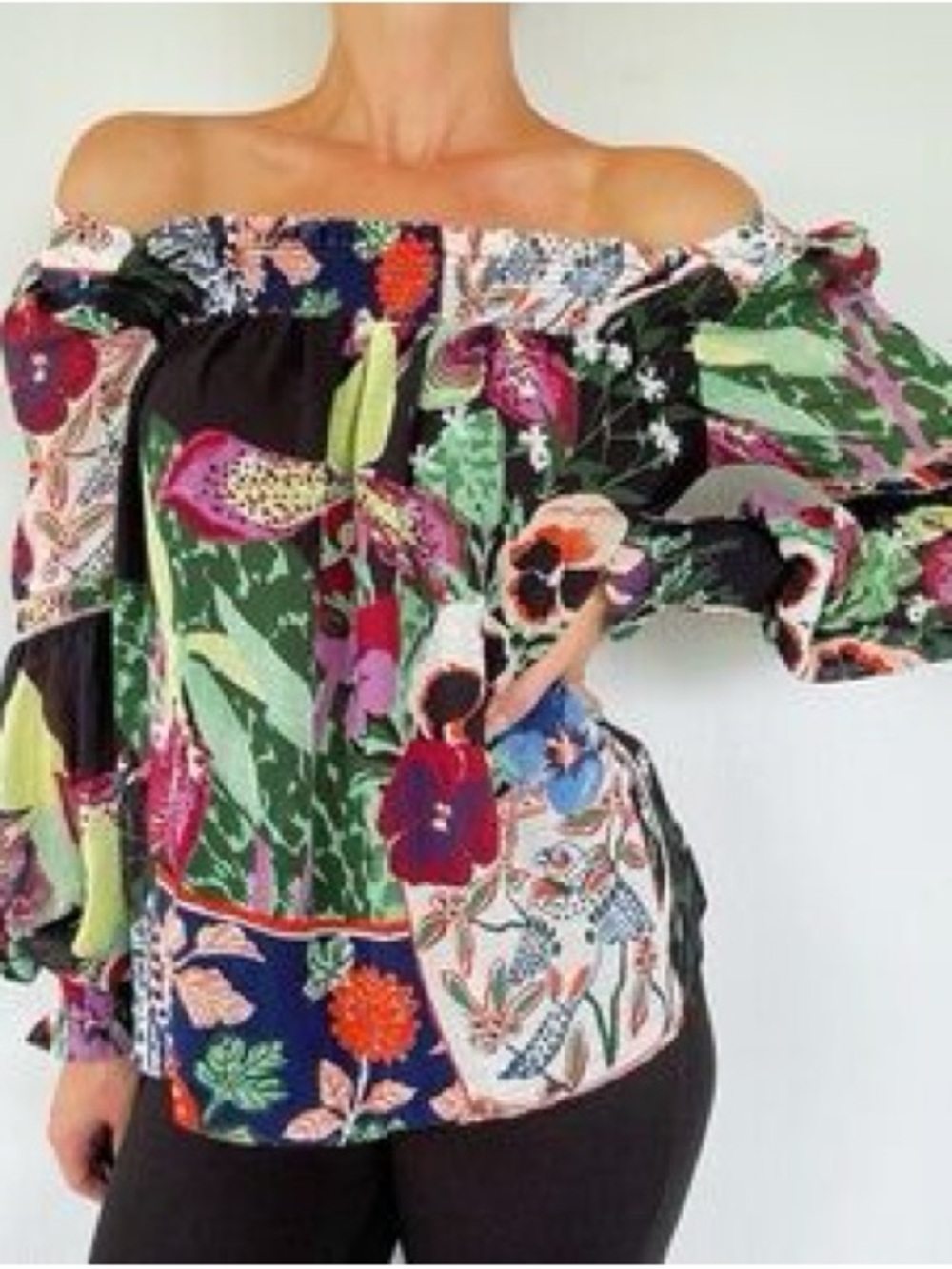 Anthropologie Off-Shoulder Floral Patchwork Top in Black, Green, Pink